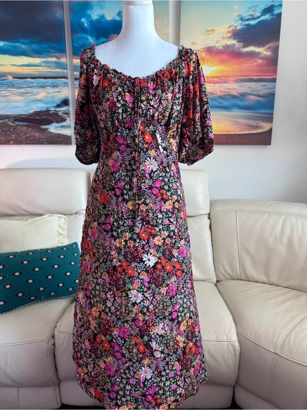 Off-Shoulder Floral Maxi Dress in Black and Pink